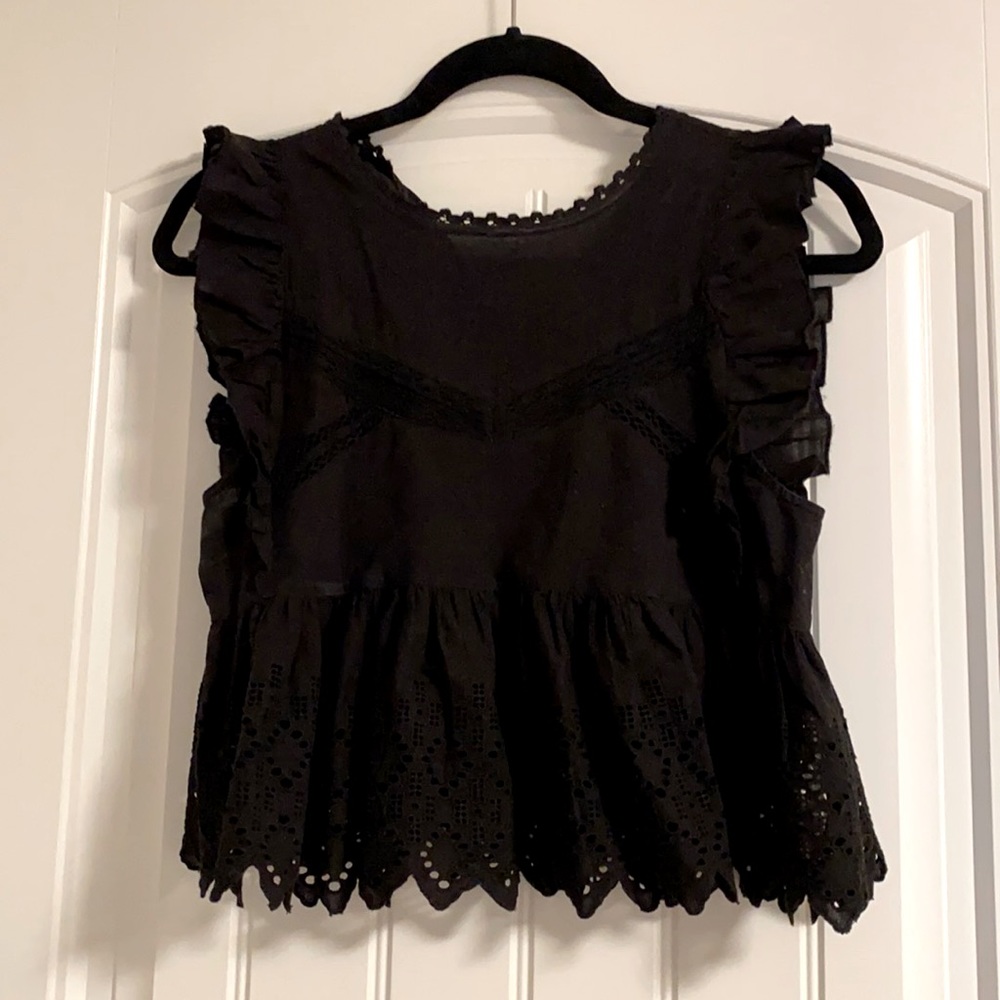 Black baby doll blouse with ruffle sleeve